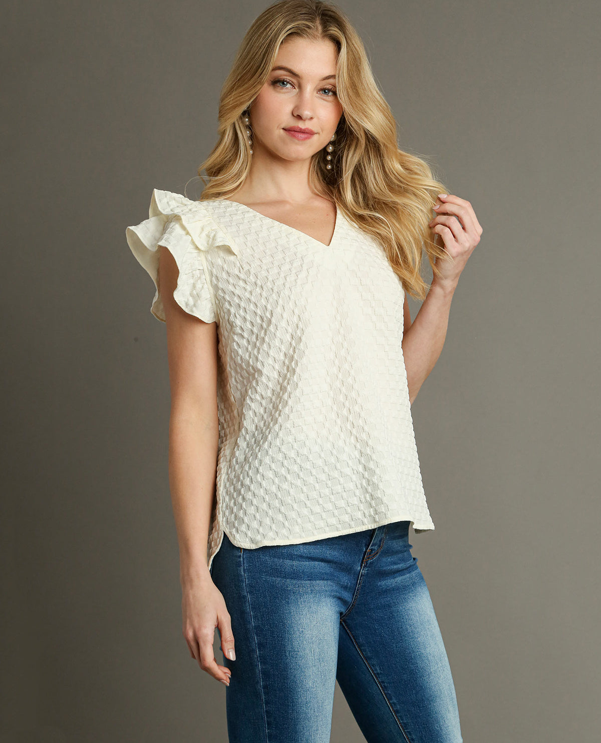 Textured Jacquard V-Neck Top