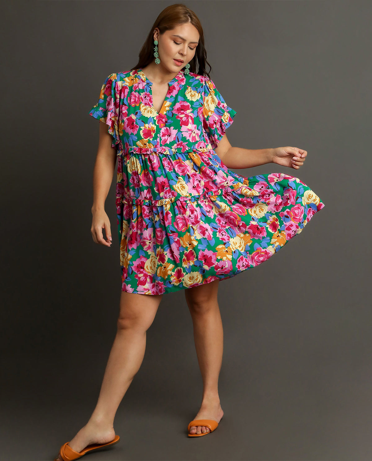 PLUS Floral Ruffle Trim Tiered Dress