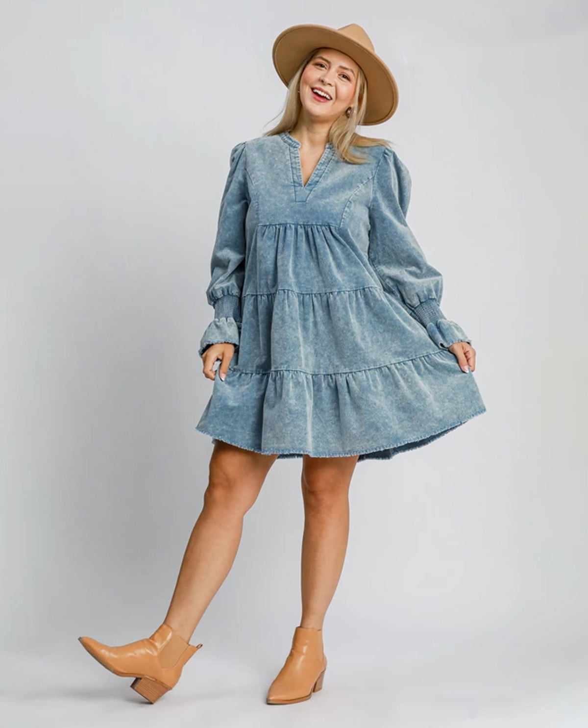 Plus Tiered Stone Washed V-Neck Dress