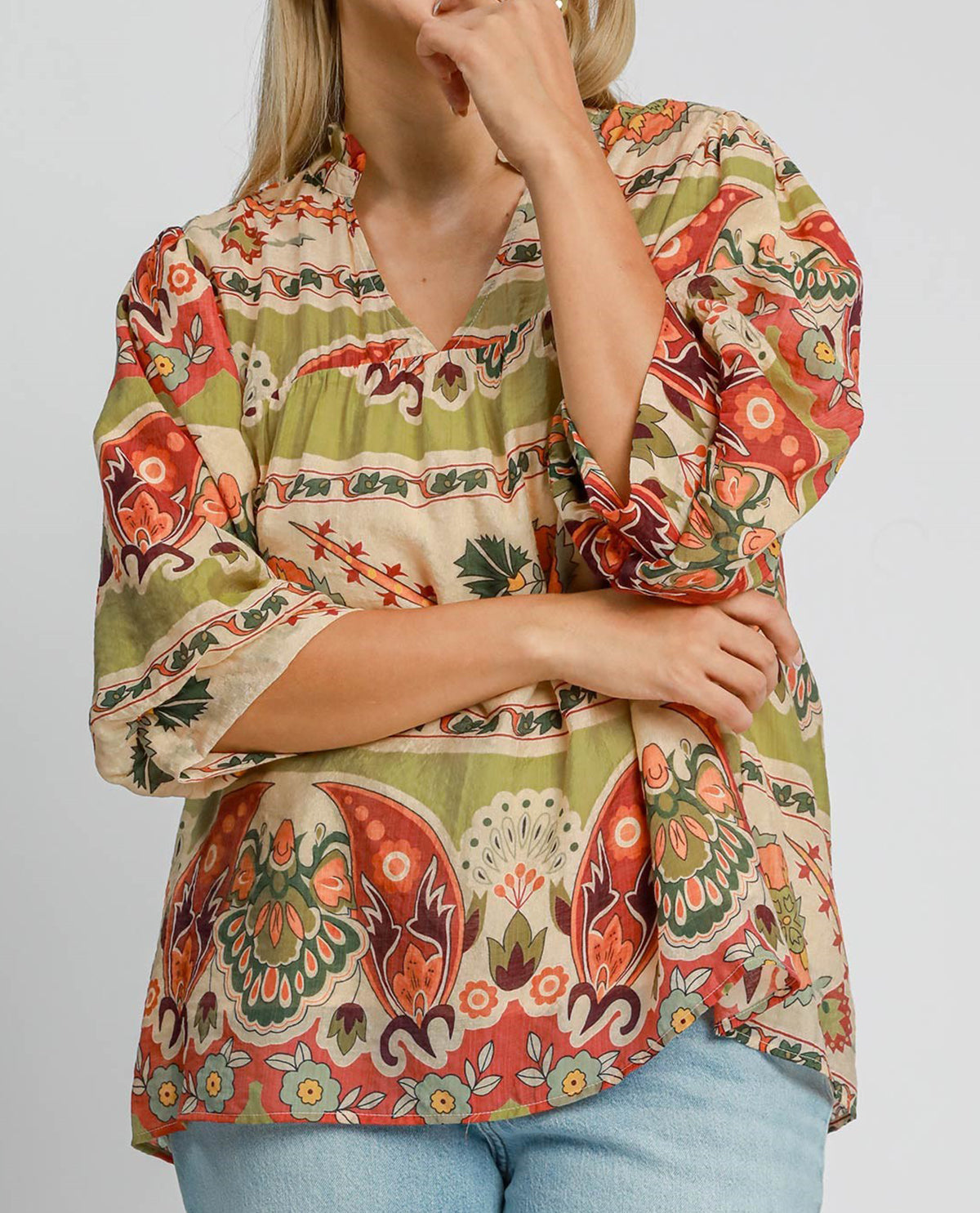 Plus Border Print Split Neck Top