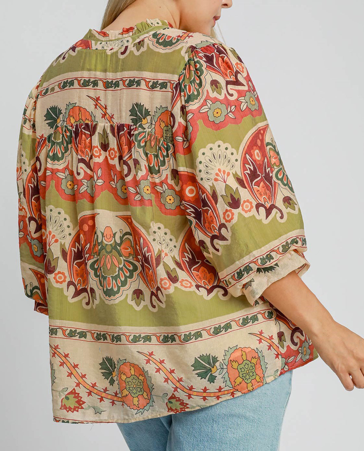 Plus Border Print Split Neck Top