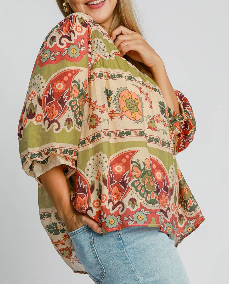 Plus Border Print Split Neck Top