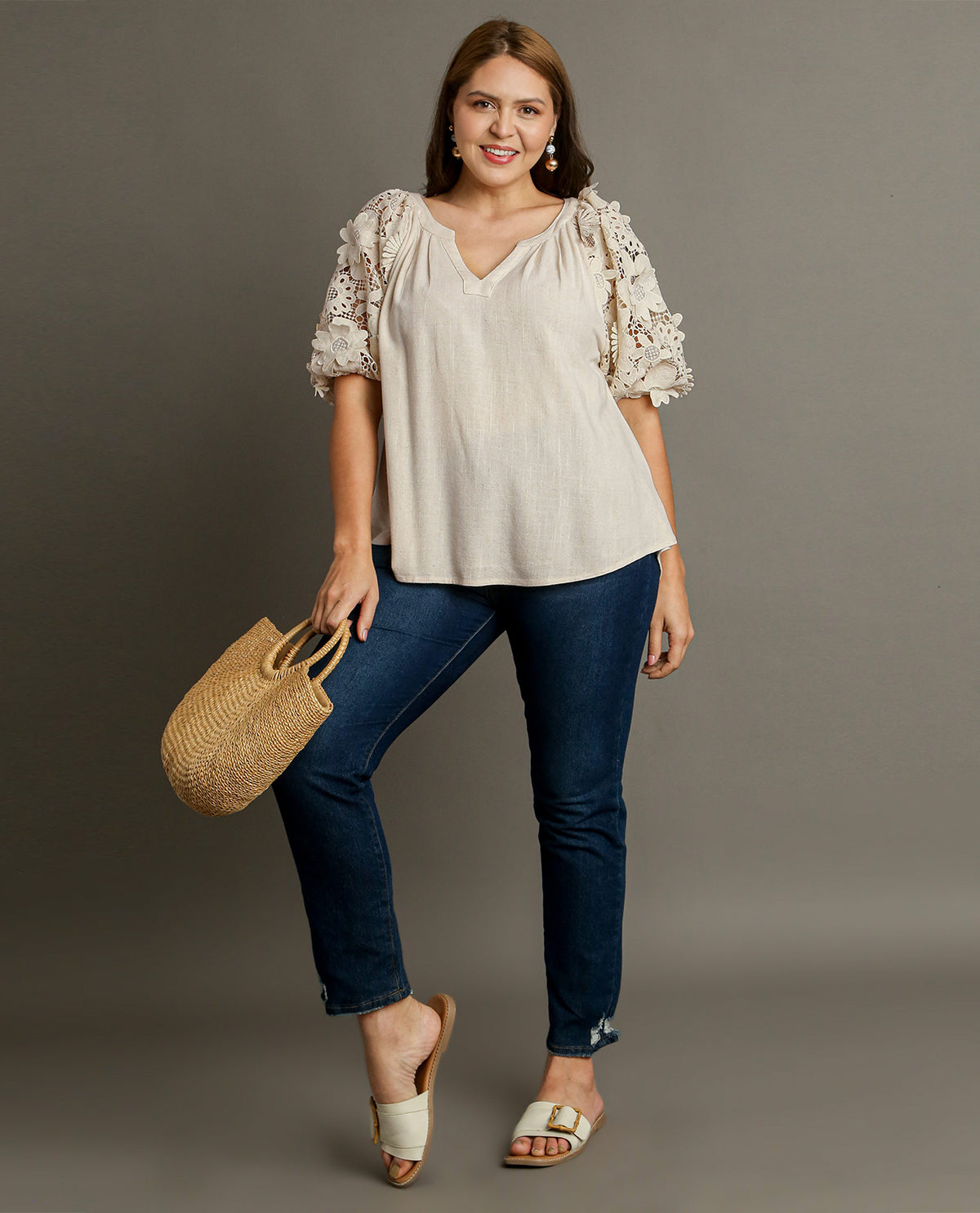 PLUS V-Notched Neck Top with Contrast Sleeve