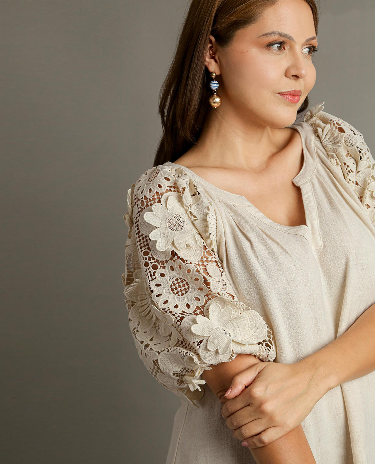 PLUS V-Notched Neck Top with Contrast Sleeve