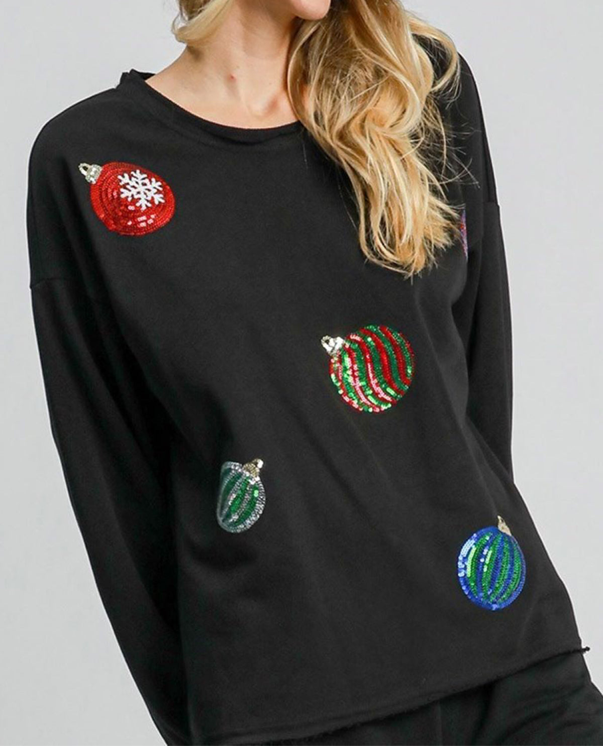 French Terry Top with Christmas Ornament Sequins