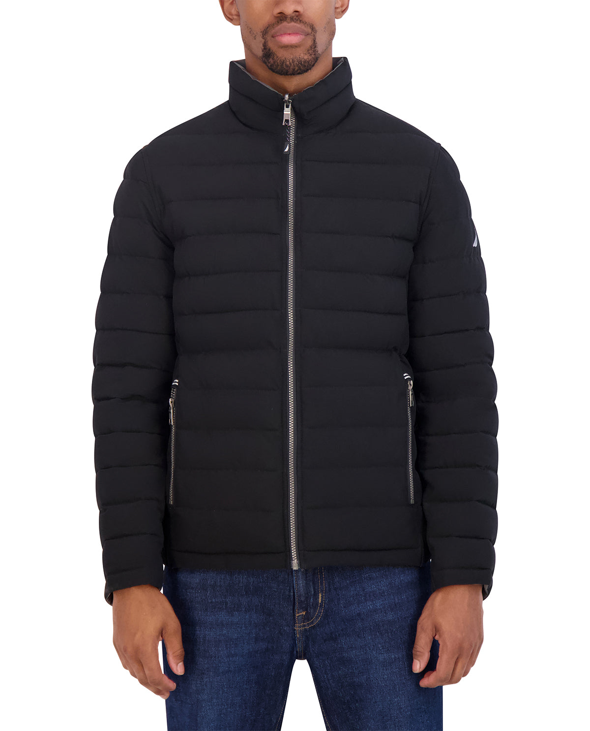 Man wearing a black puffer jacket on a white background
