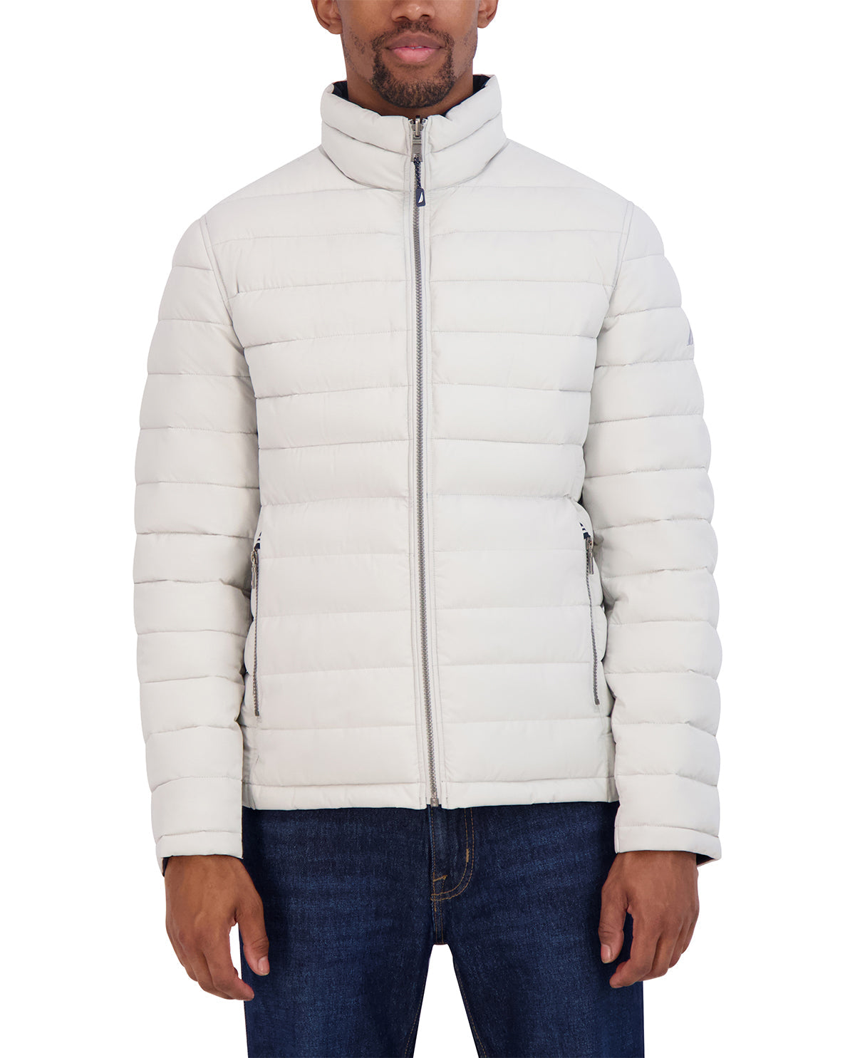 Man wearing a white puffer jacket on a white background