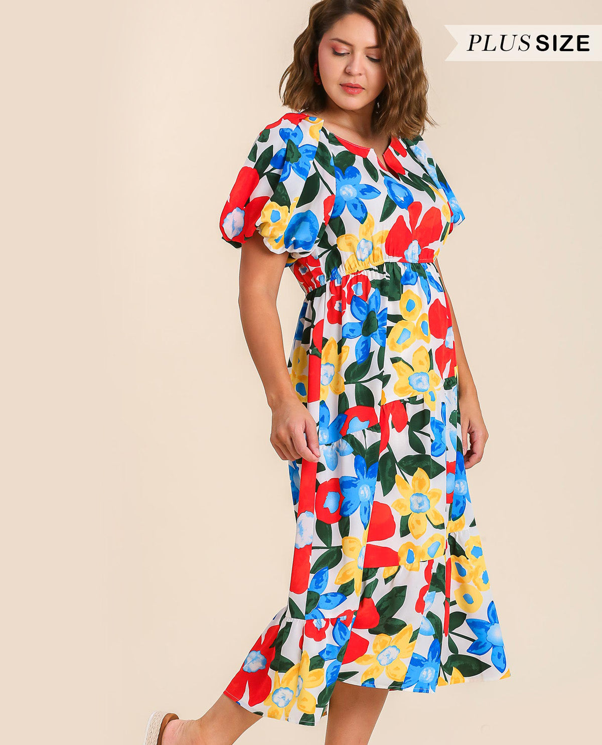 PLUS Floral Print Split Neck Midi Dress