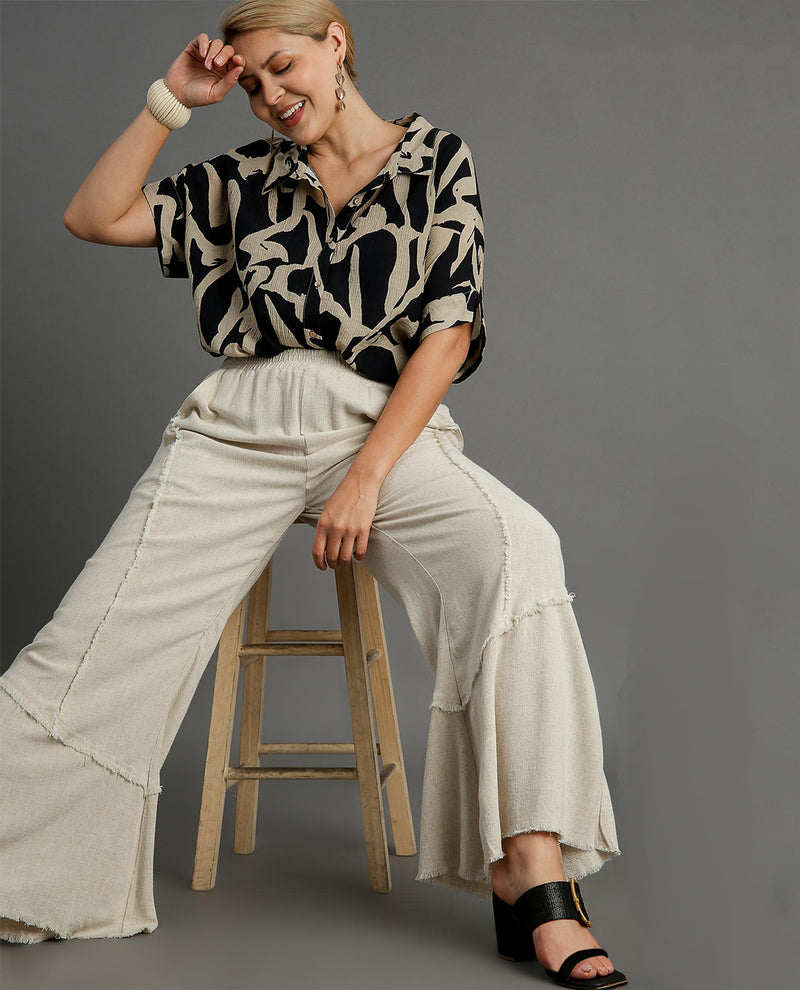 Umgee Plus Wide Leg Linen Pant with Side Pockets and Fray Details