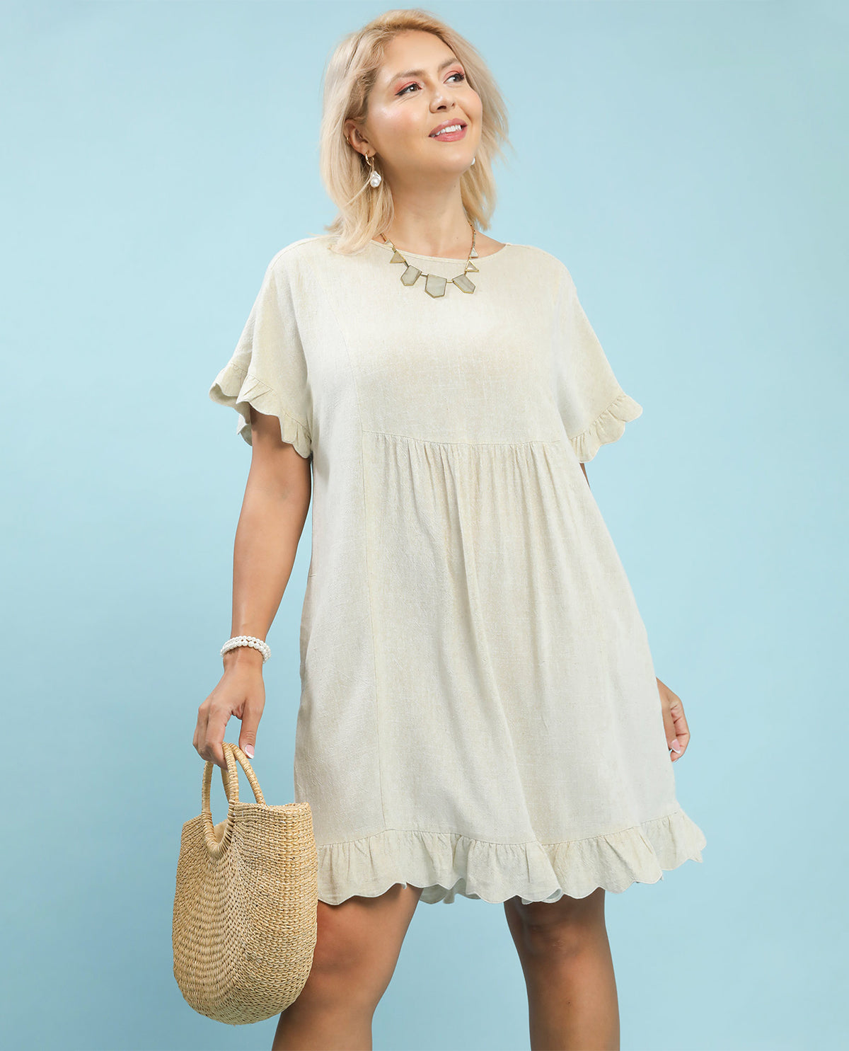 Umgee Solid Linen Dress With Scallop Trim Oatmeal