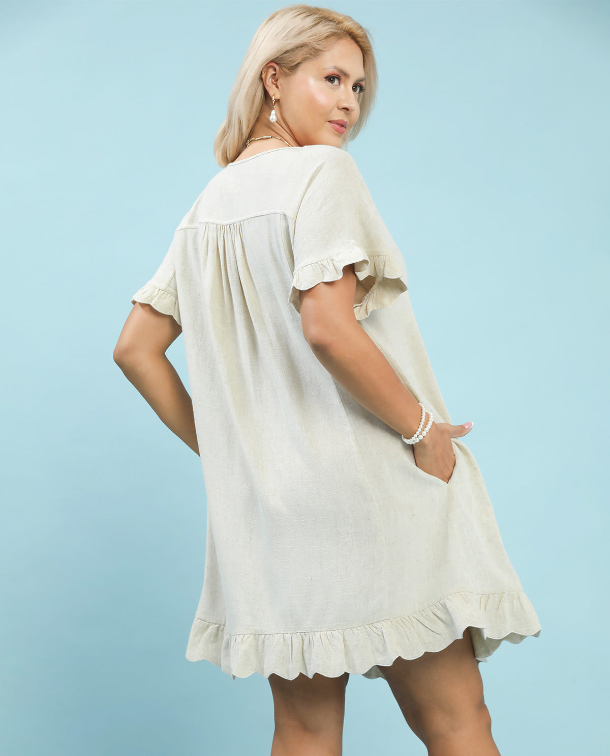 Umgee Solid Linen Dress With Scallop Trim Oatmeal