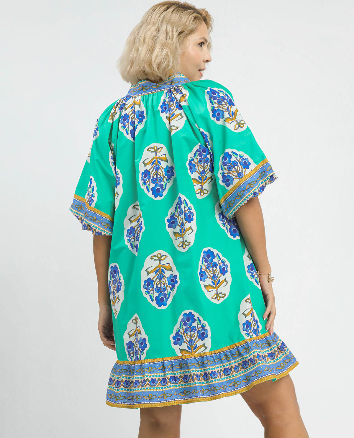 Umgee Floral Border Print V-Neck Dress Mint Blue