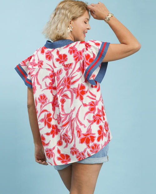 Umgee Floral Print Collar Top Pink