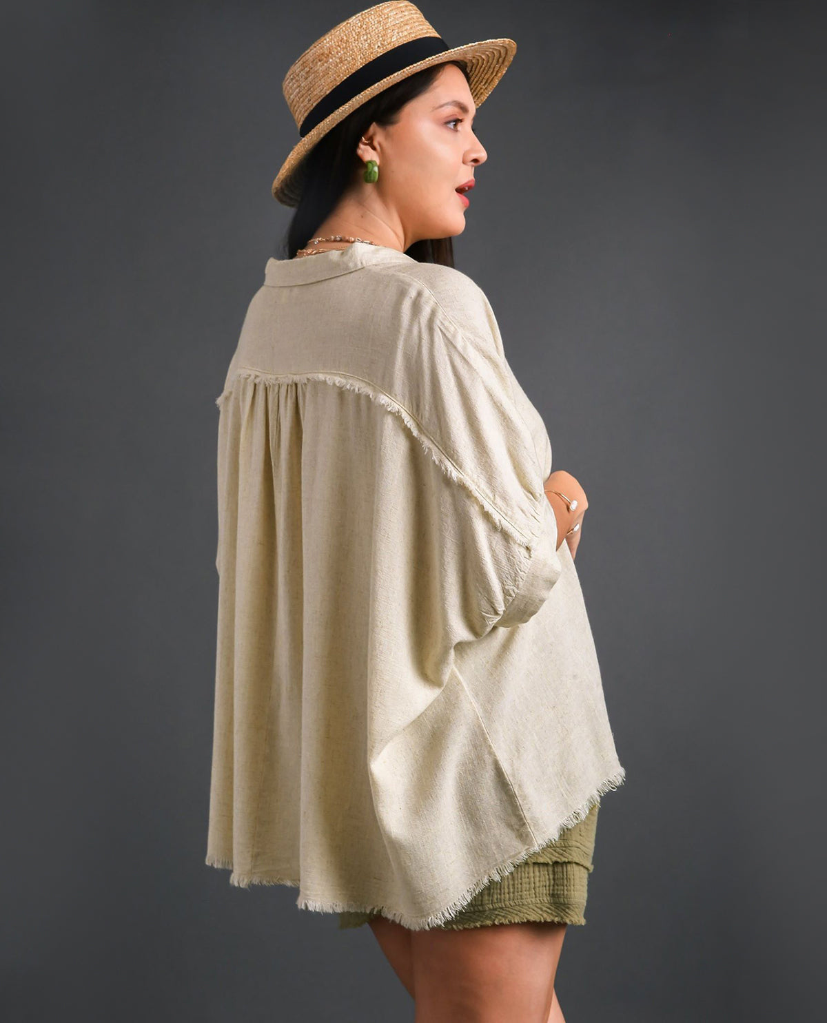 PLUS Linen Boxy Cut Button Down Top with Dolman Sleeves