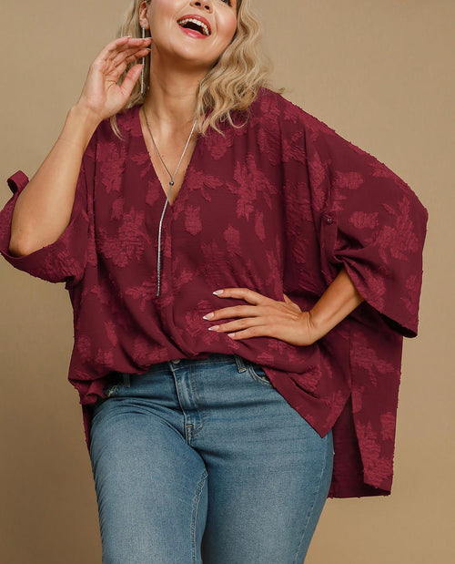 Plus Burnout V-Neck Oversized Floral Top