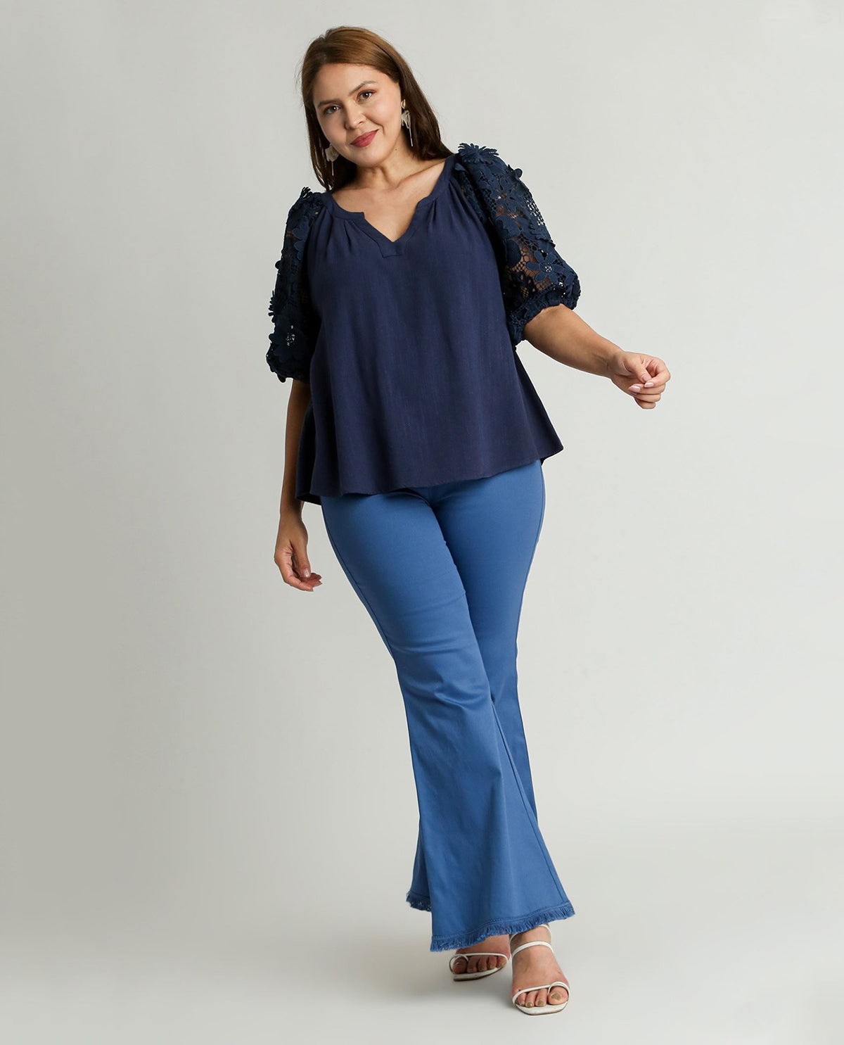 PLUS V-Notched Neck Top with Contrast Sleeve