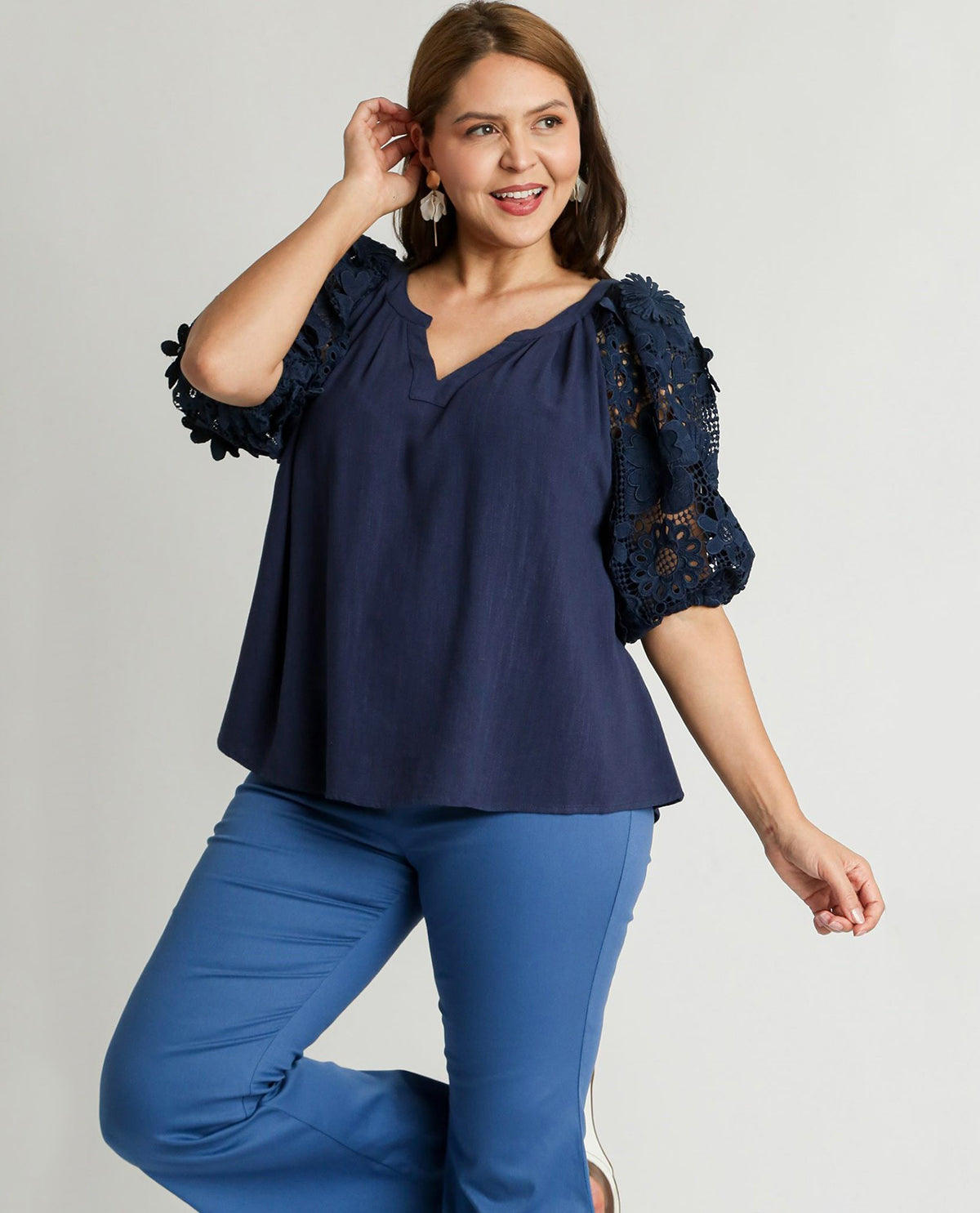 PLUS V-Notched Neck Top with Contrast Sleeve