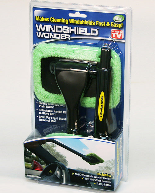 The product image shows the Windshield Wonder microfiber cleaning tool in its packaging. The tool has a black body with a green microfiber bonnet, and it is displayed with its packaging which highlights its use for cleaning windshields.