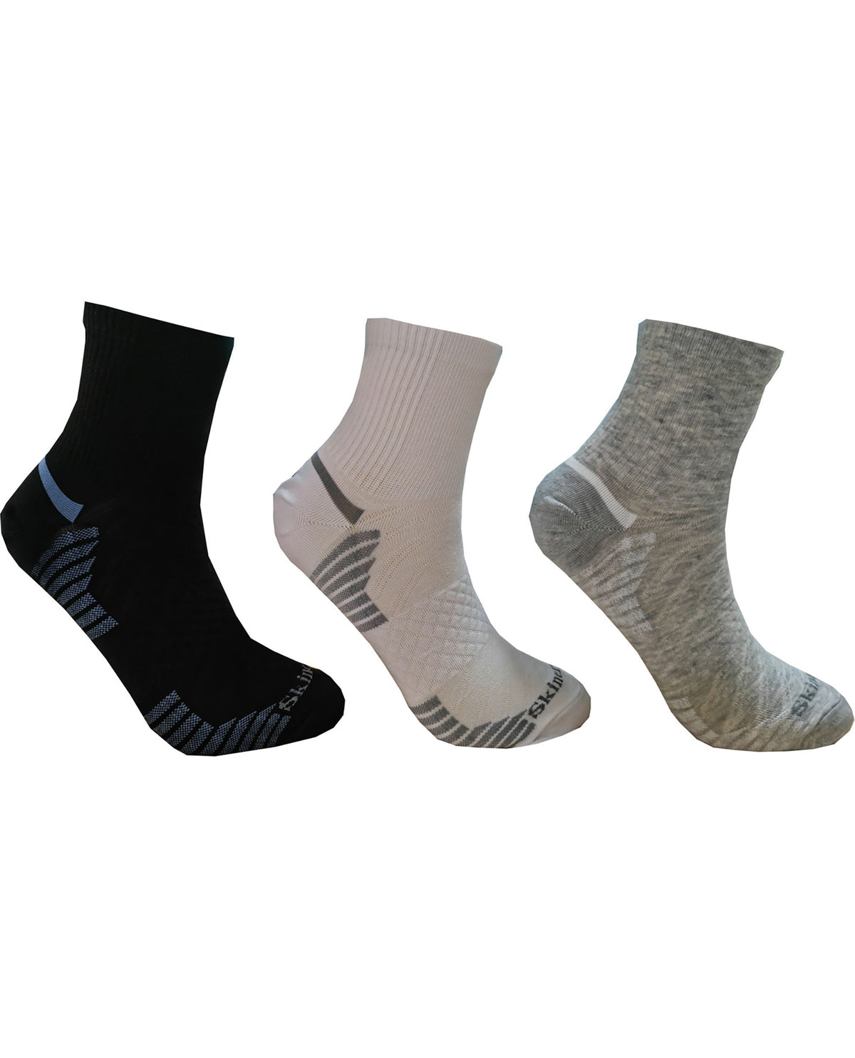 Three pairs of socks in black, white, and gray on a white background