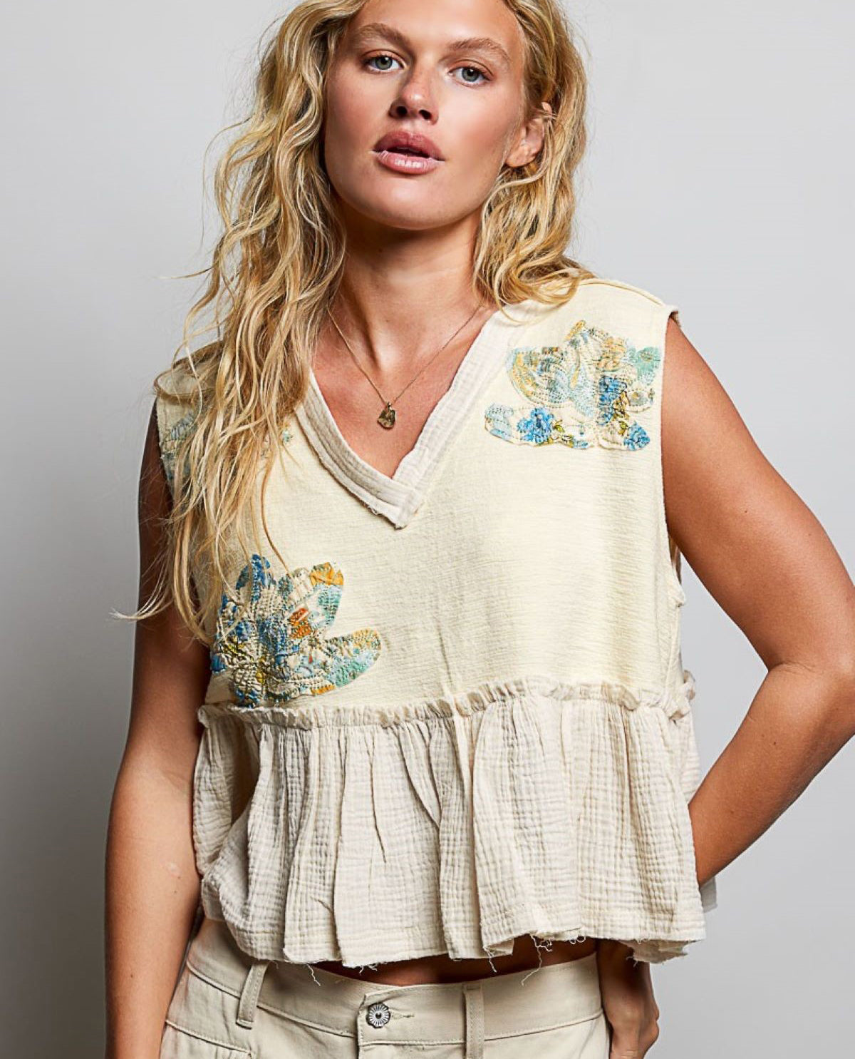 POL V-Neck Top With Floral Patches Natural