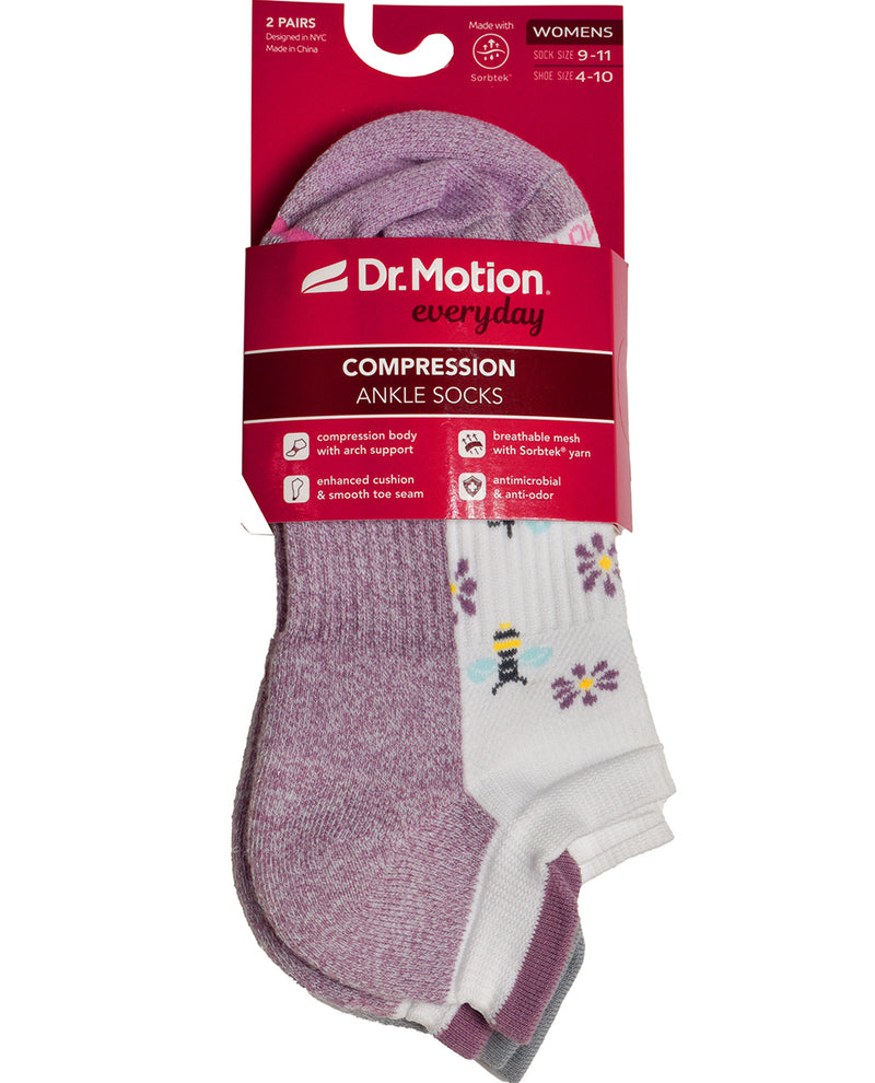 Dr. Motion 2 Pack Compression Ankle Socks with bees and flowers design