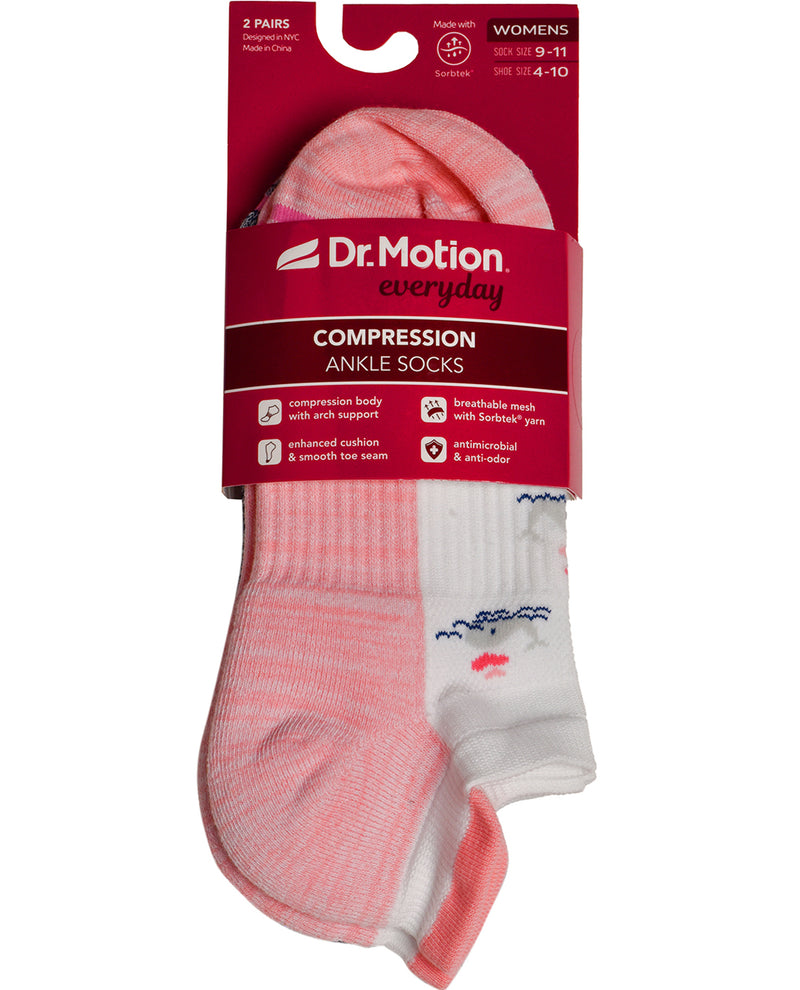 Pack of Dr. Motion compression ankle socks with pink and white design on a white background