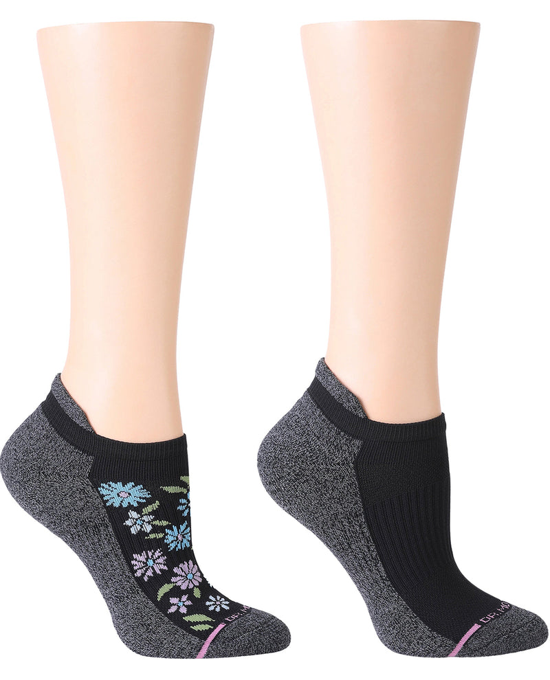Two pairs of socks with floral design on a white background
