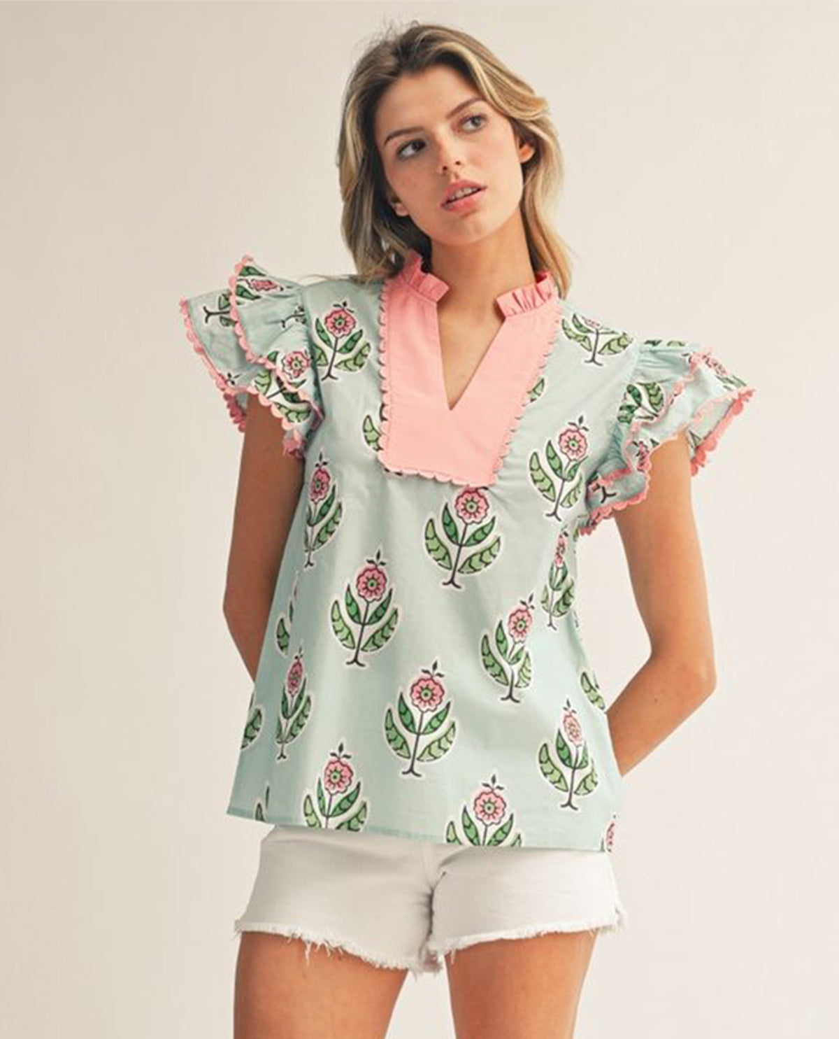Jodifl Flutter Sleeve Top With Solid Trim Mint