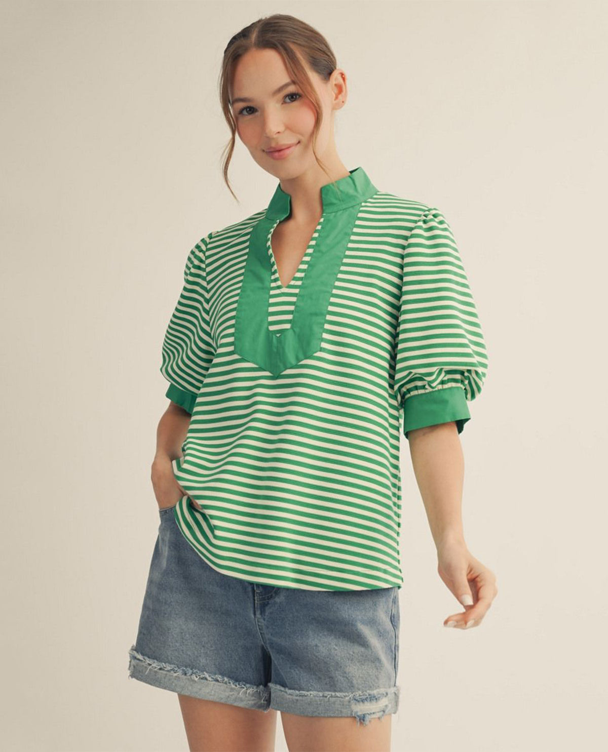 Jodifl Stripe Top With Solid Trim Green