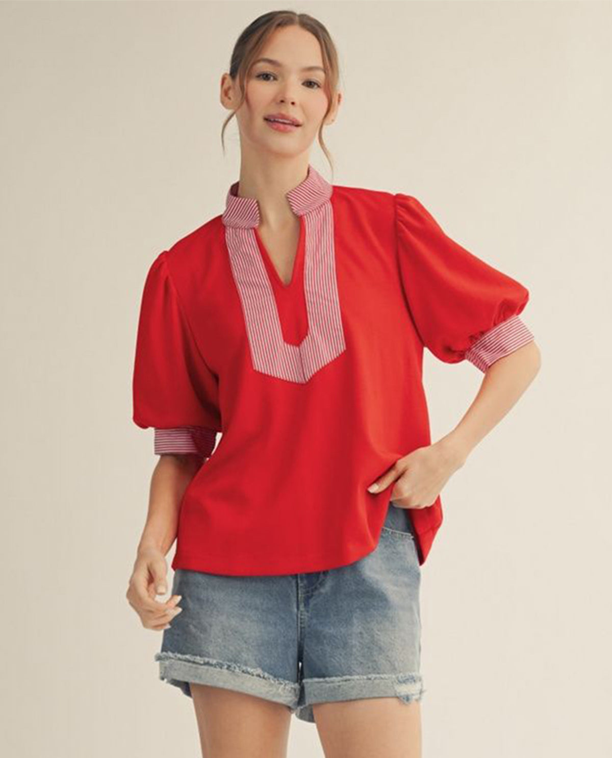 Jodifl Solid Notch Neck Top With Stripe Contrast Red
