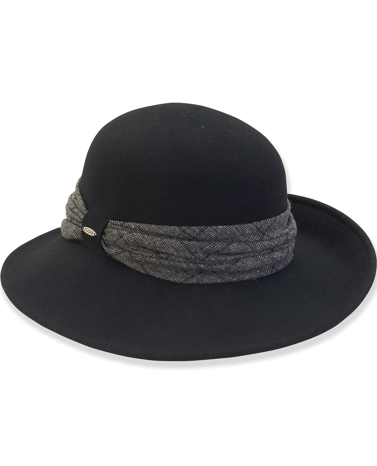 Black hat with a gray ribbon on a white background