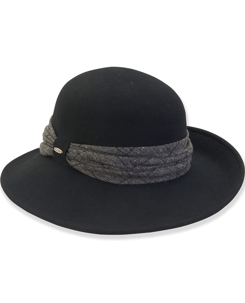 Black hat with a gray ribbon on a white background