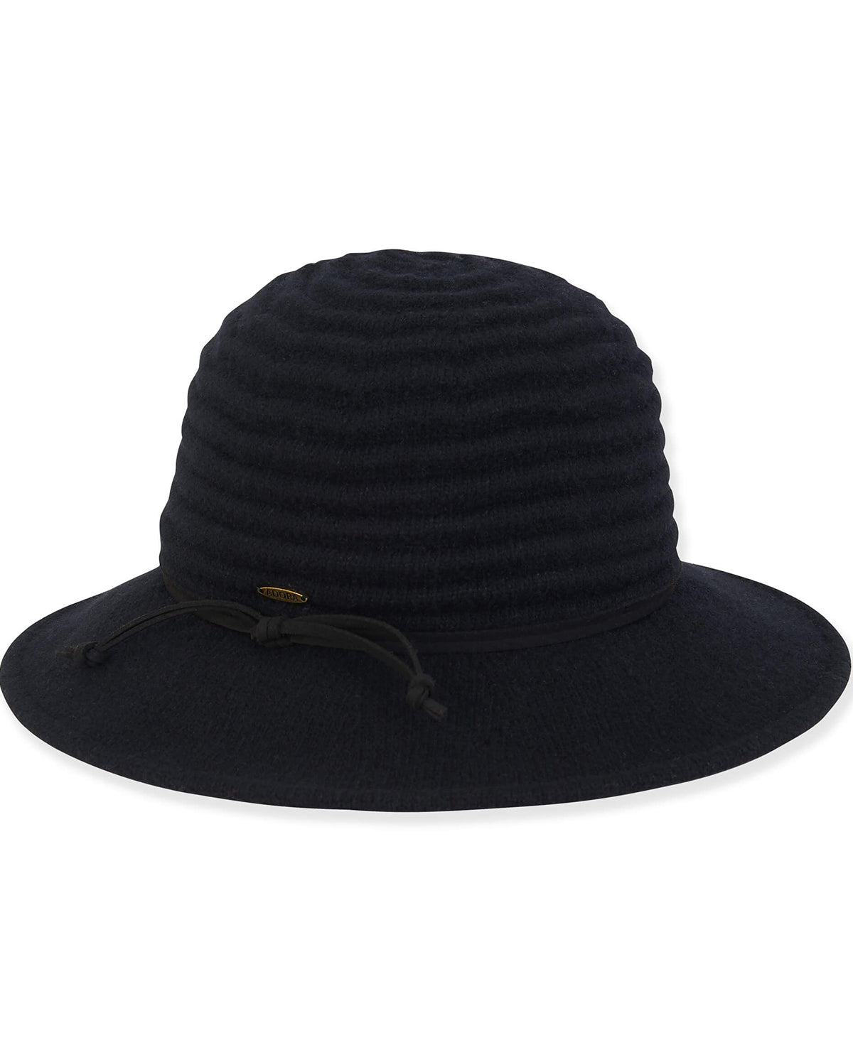 A black ribbed knit sun hat with a wide brim and a small gold button accent on the side, shown against a plain white background.