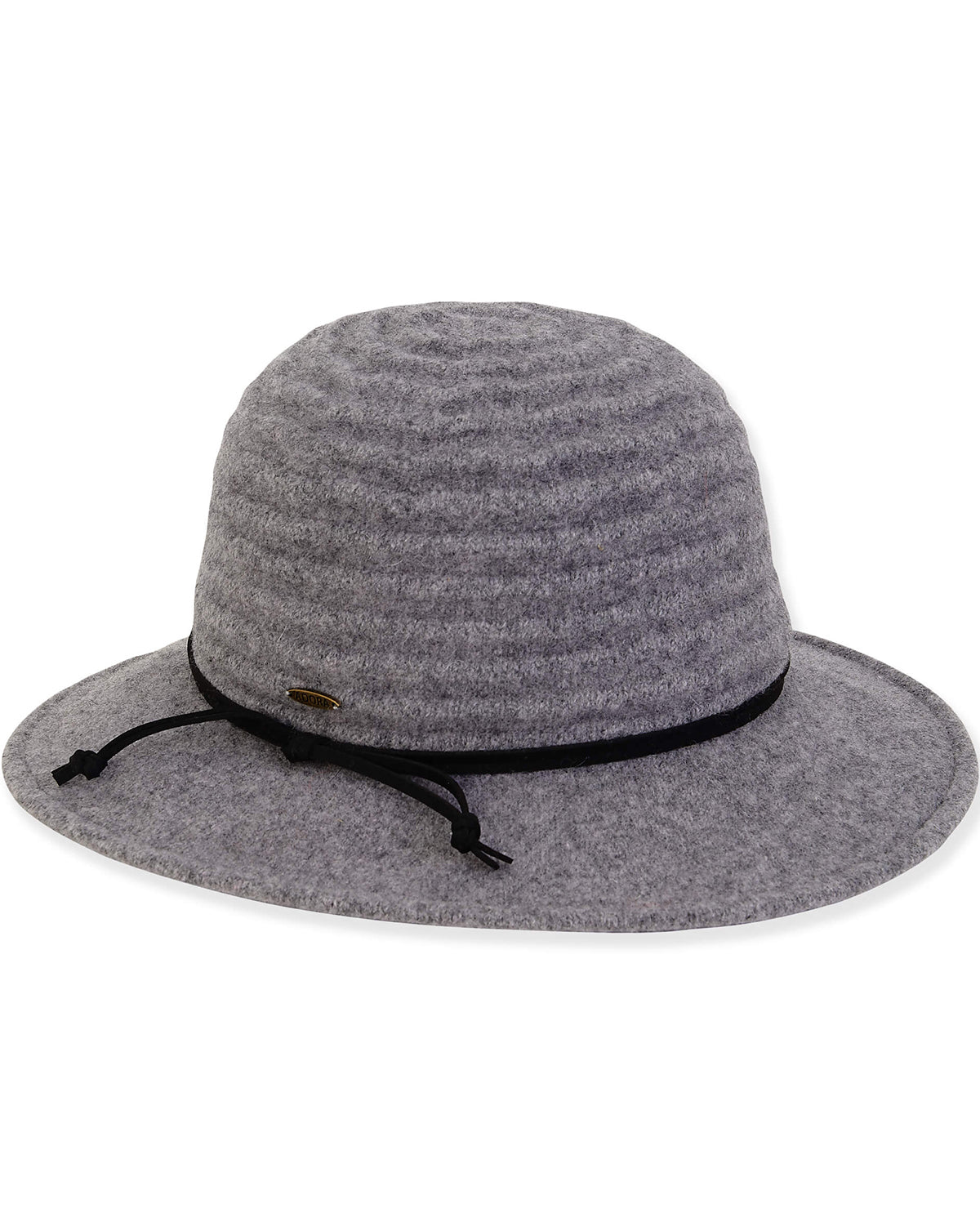 A gray felt sun hat with a wide brim, a black drawstring band, and a small gold brand tag, shown on a plain white background.