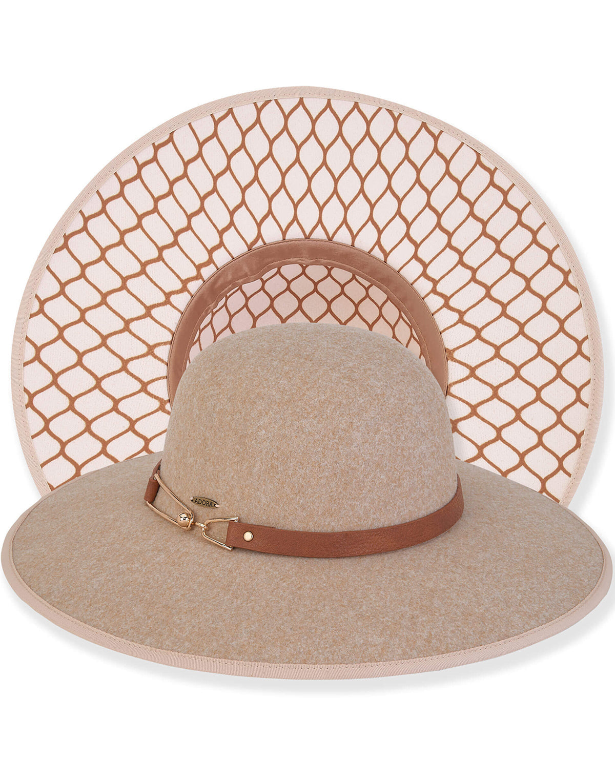 A beige wide-brim fedora hat with a brown band and gold buckle, shown in front of a matching beige sun visor with a brown geometric mesh pattern.