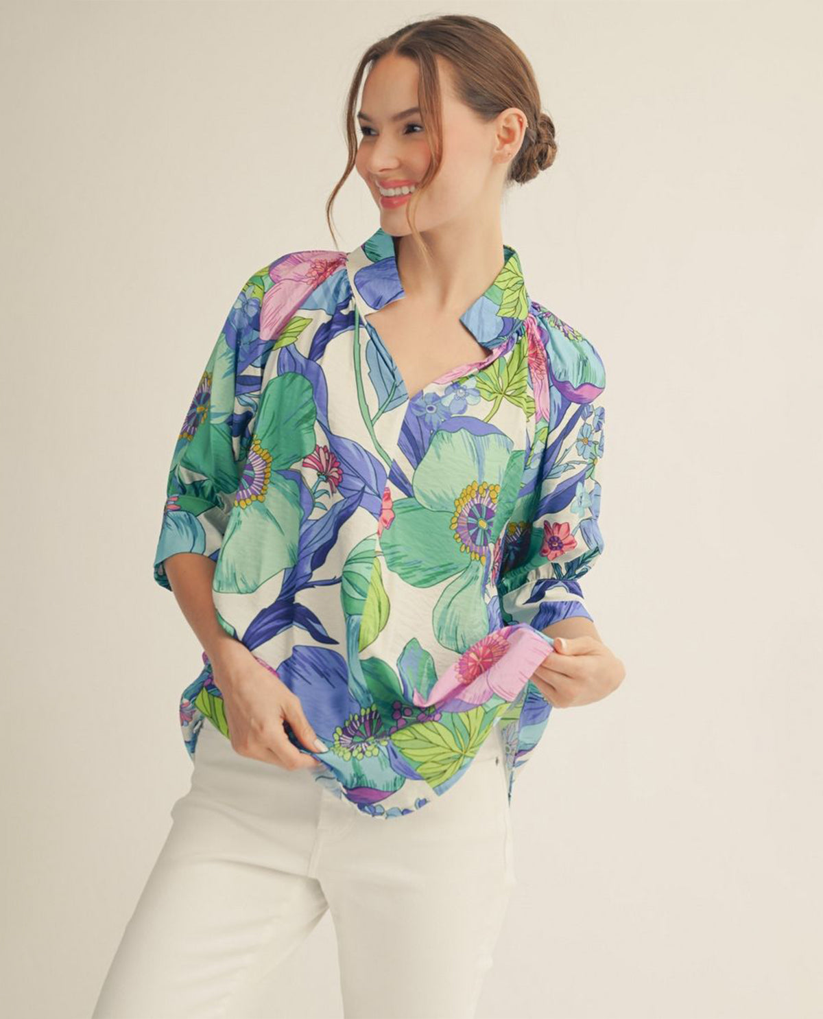 Jodifl Standing Neckline Floral Print Top