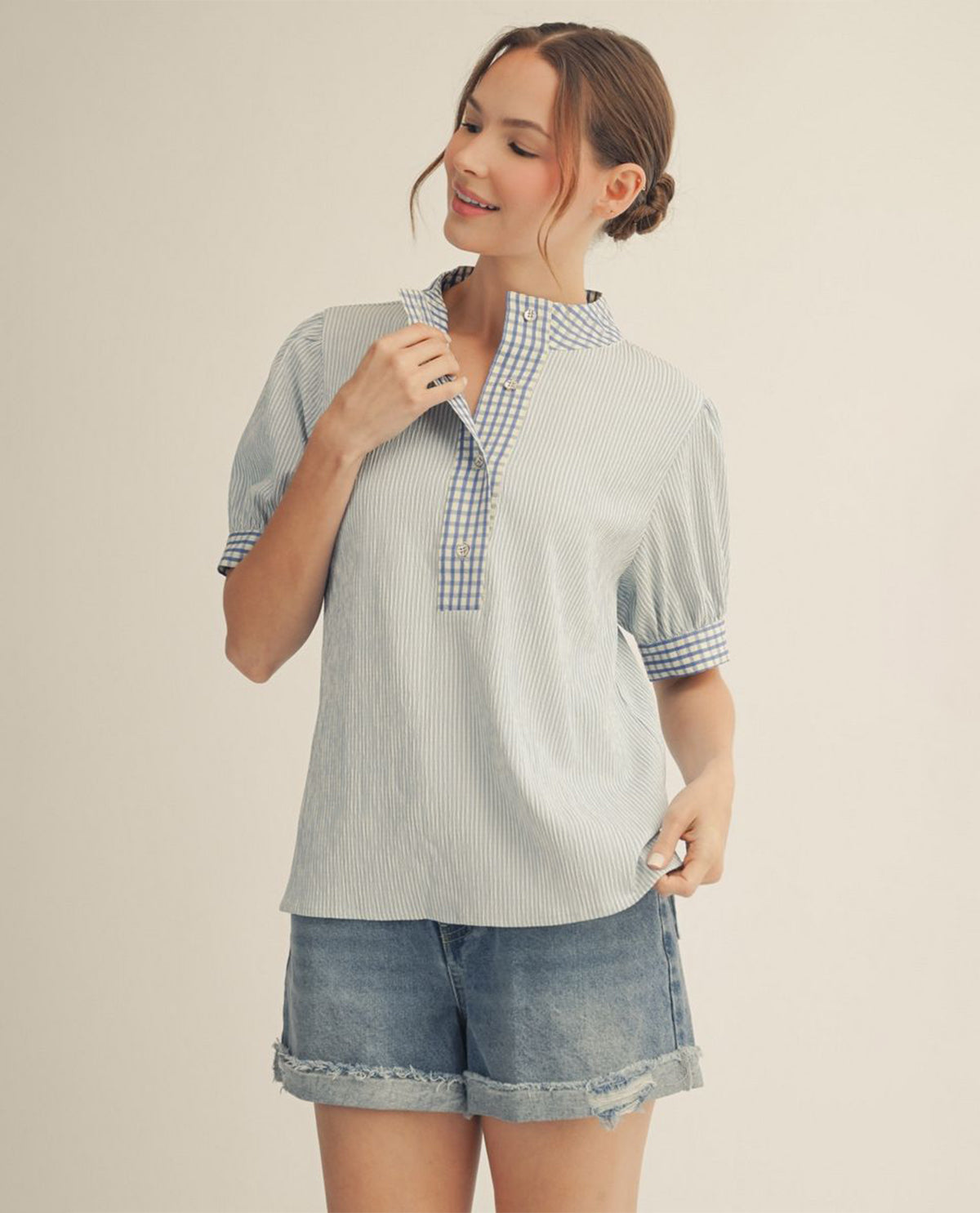 Jodifl Stripe Top With Gingham Placket Blue