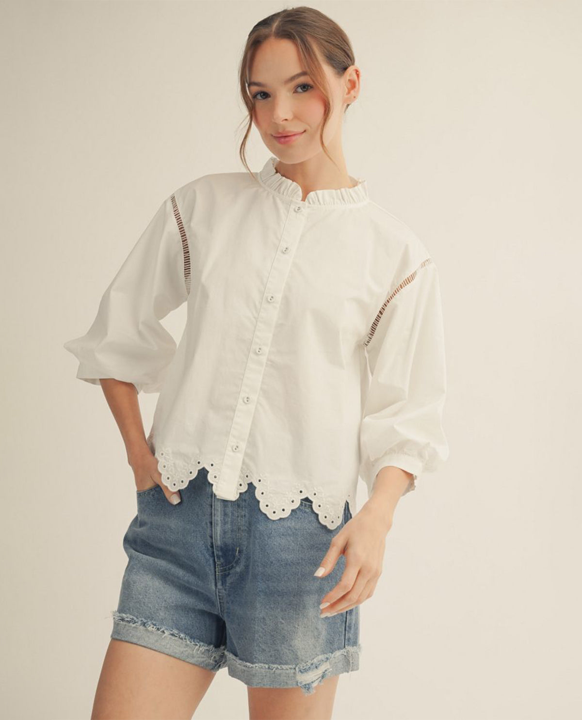 Jodifl Button Down Top With Eyelet Trim White