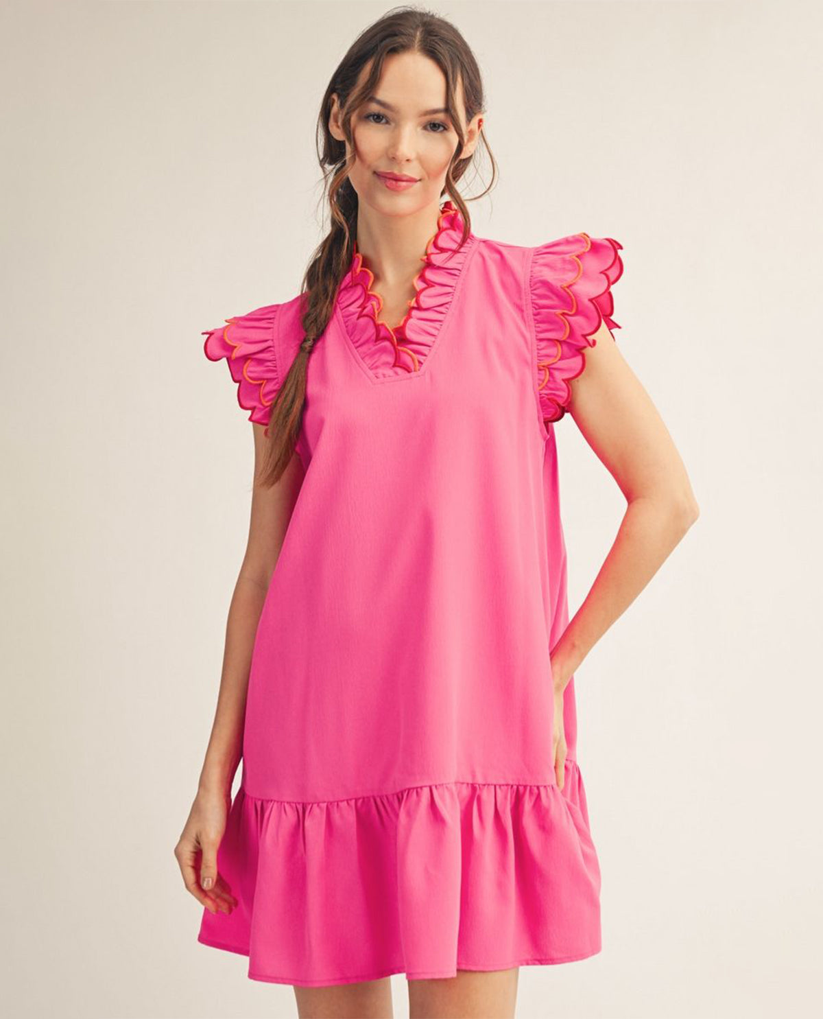 Jodifl Solid Ruffle Sleeve Dress Pink