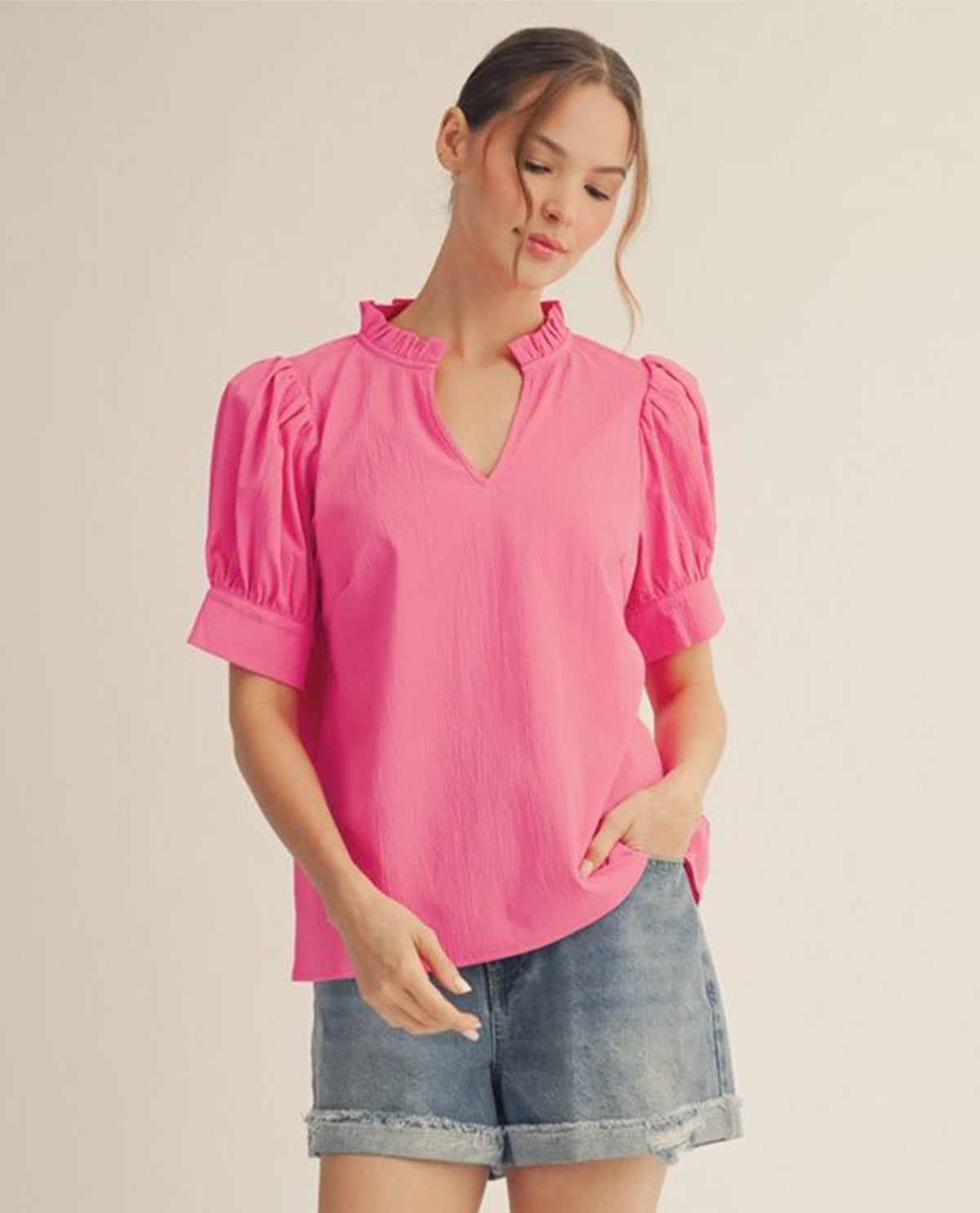 Jodifl Solid Crinkle Top With Puff Sleeves