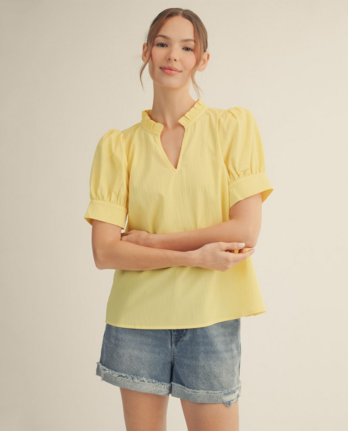 Jodifl Solid Crinkle Top With Puff Sleeves