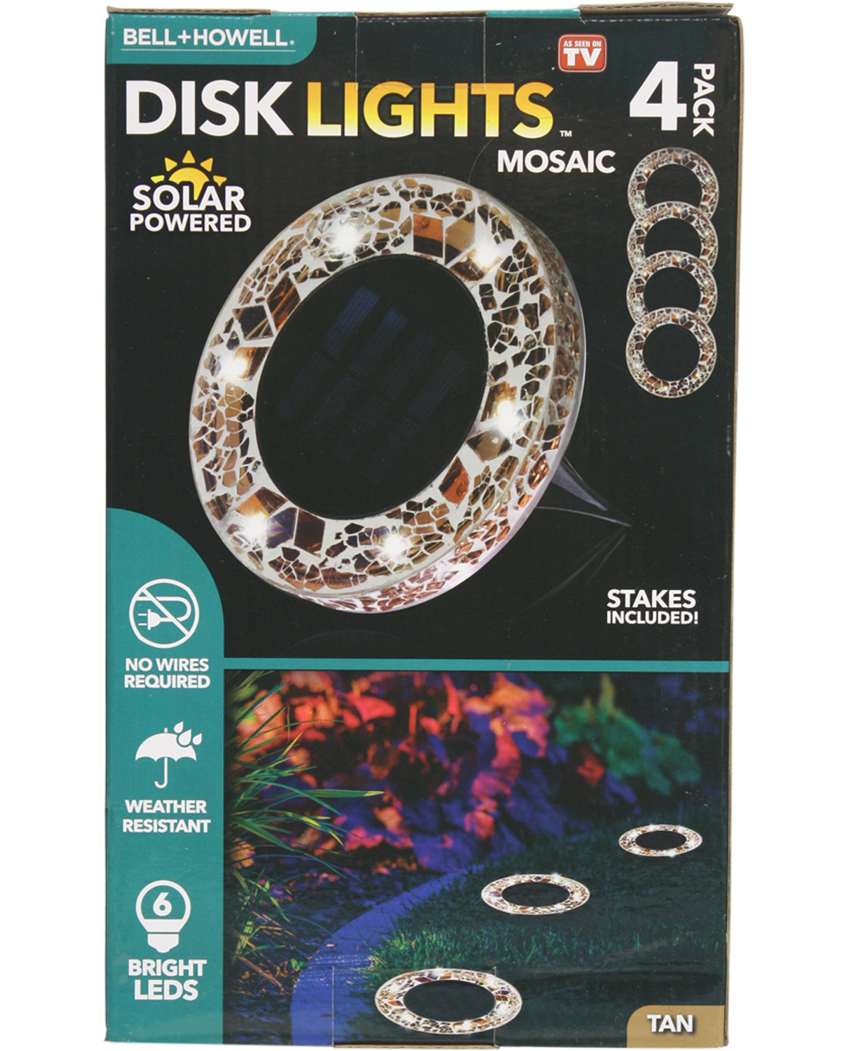 Bell+Howell Solar Powered Disk Lights with Light Brown Mosaic Glass (4-Pack)