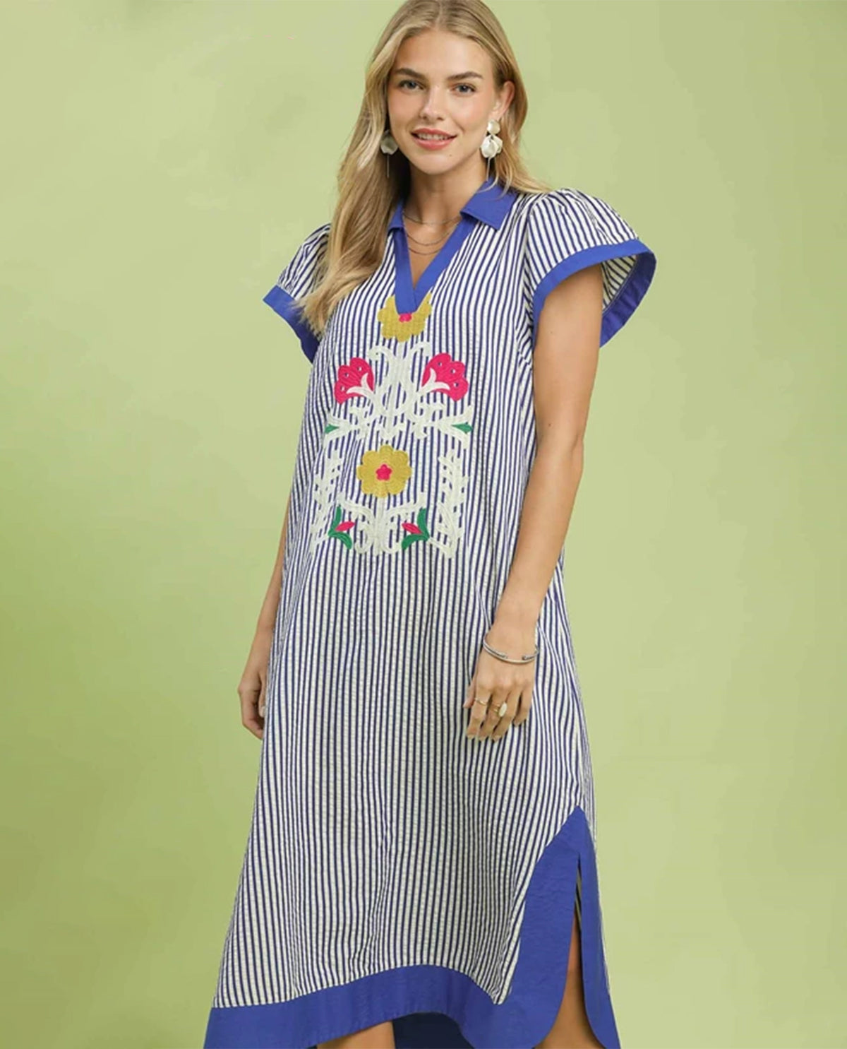 Umgee Embroidered Stripe Dress Blue