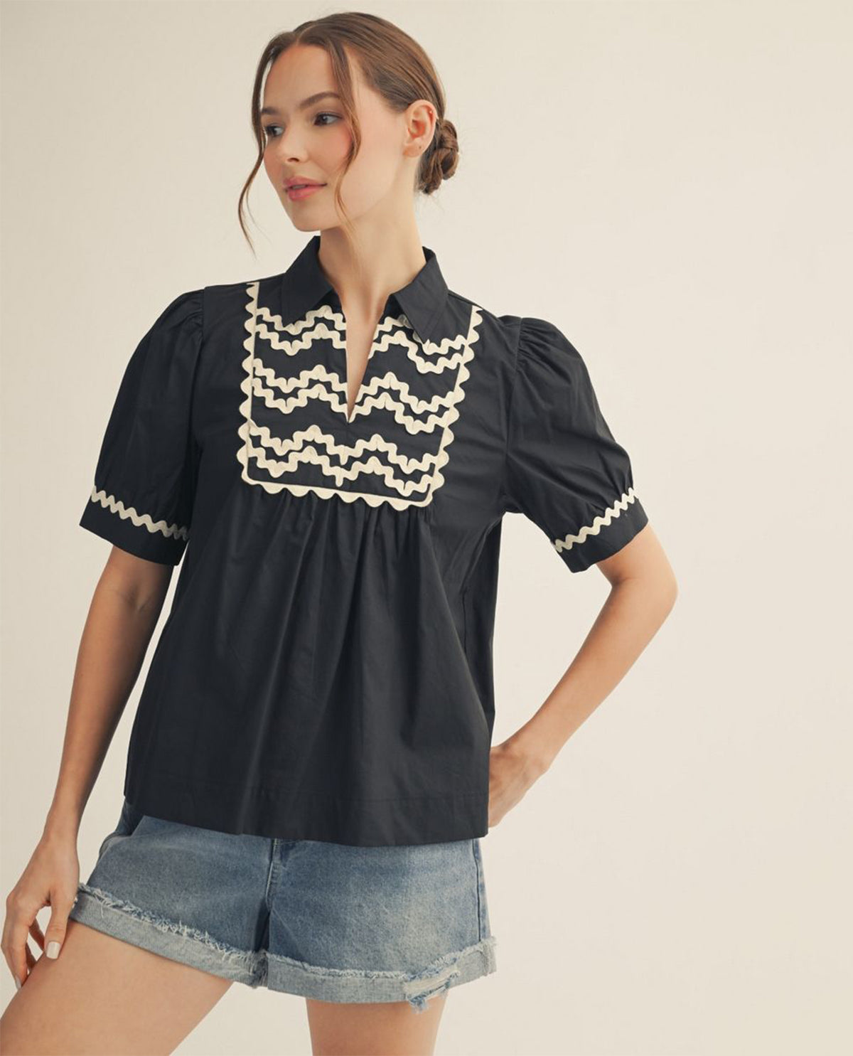 Jodifl Solid Collar Top With Ric Rak Trim