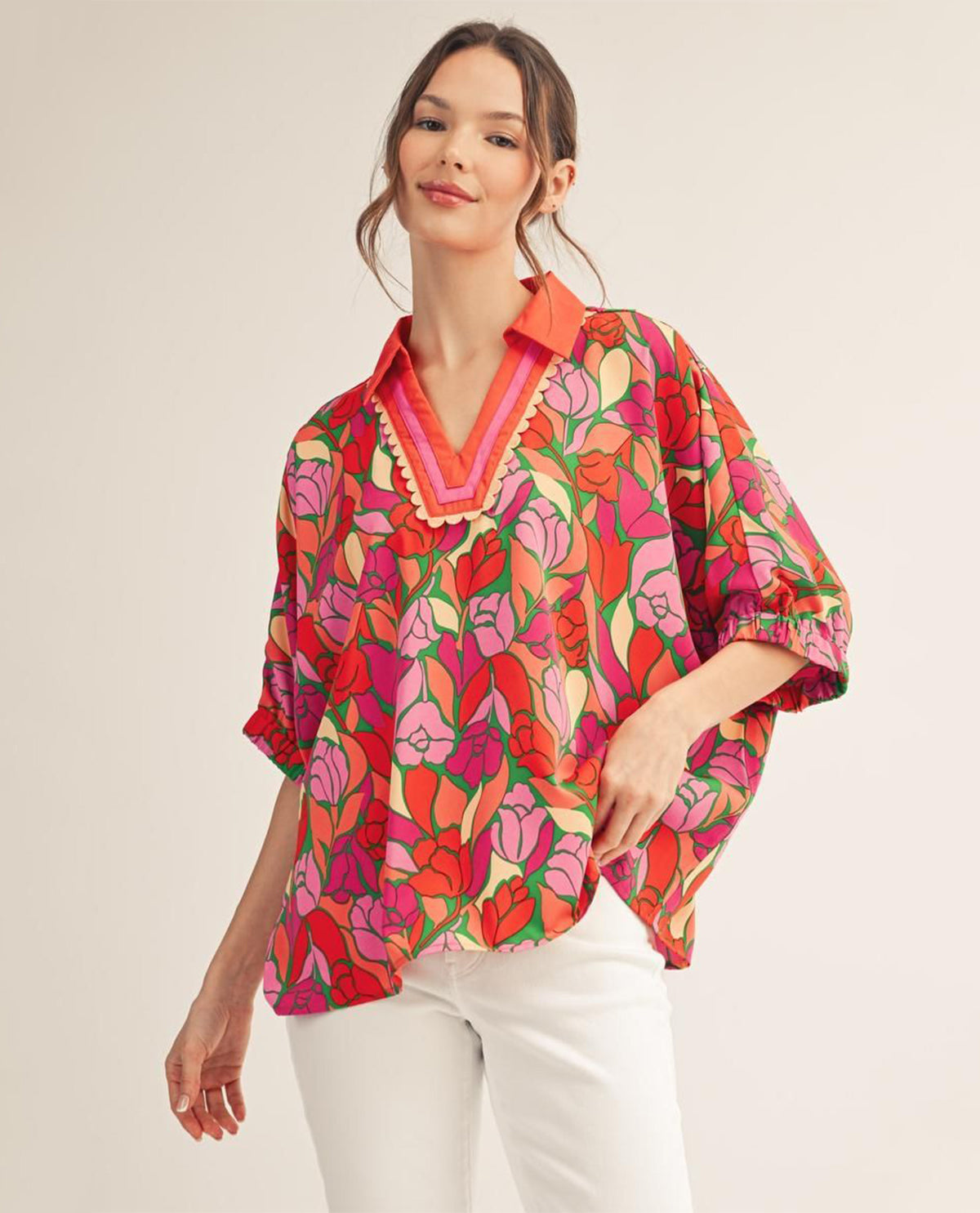 Jodifl Print Dolman Top With Solid Trim Multi