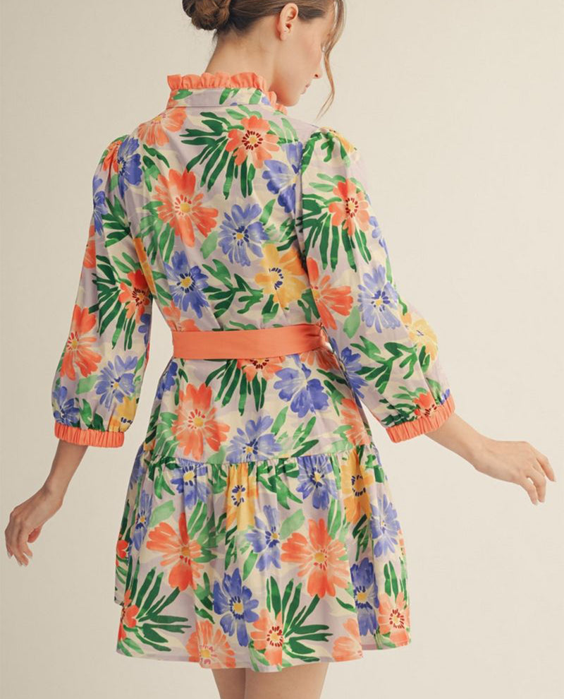 Jodifl Tiered Floral Dress With Waist Tie Coral