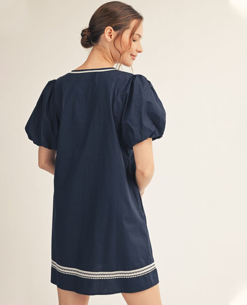 Jodifl Puff Sleeve Dress With Applique Navy