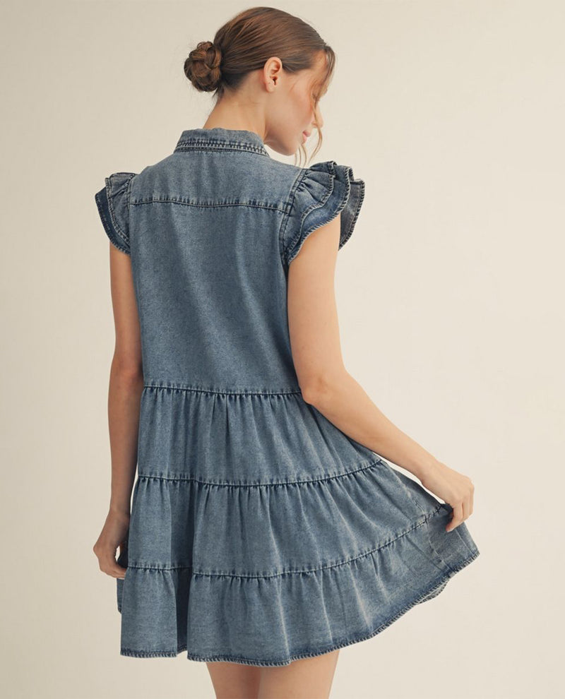 Jodifl Ruffle Sleeves Tiered Denim Dress