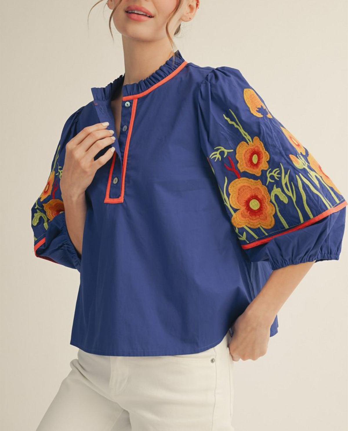 Jodifl Embroidered Sleeve Top Cobalt Blue