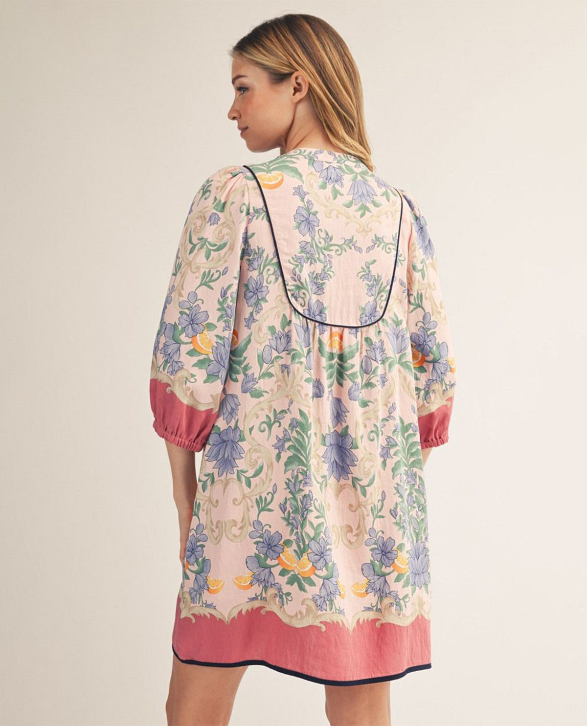 Jodfil Floral Print Dress With Solid Border Pink
